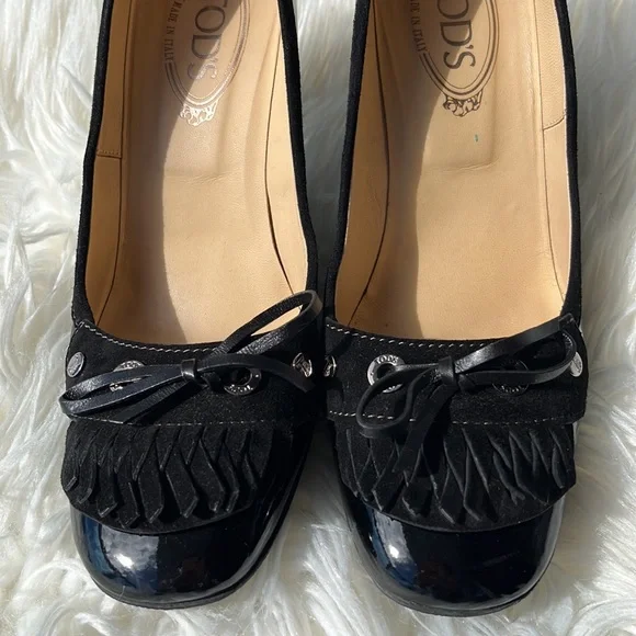 Tod’s Black Patent Leather/Suede Fringe Loafer Pumps Heels - Picture 2 of 16